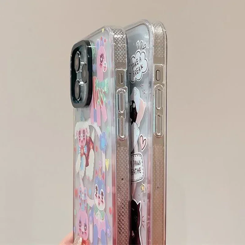 Pink Gradient Transparent Border Dog Cat Rabbit Graffiti iPhone 13 14 15 Pro Max Case - Protective iPhone Case