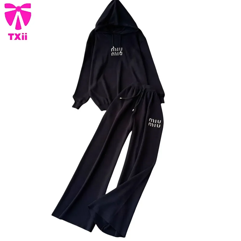 Autumn and winter European and American style letter jacquard knitted hooded top+high waisted loose pants casual two-piece set 5