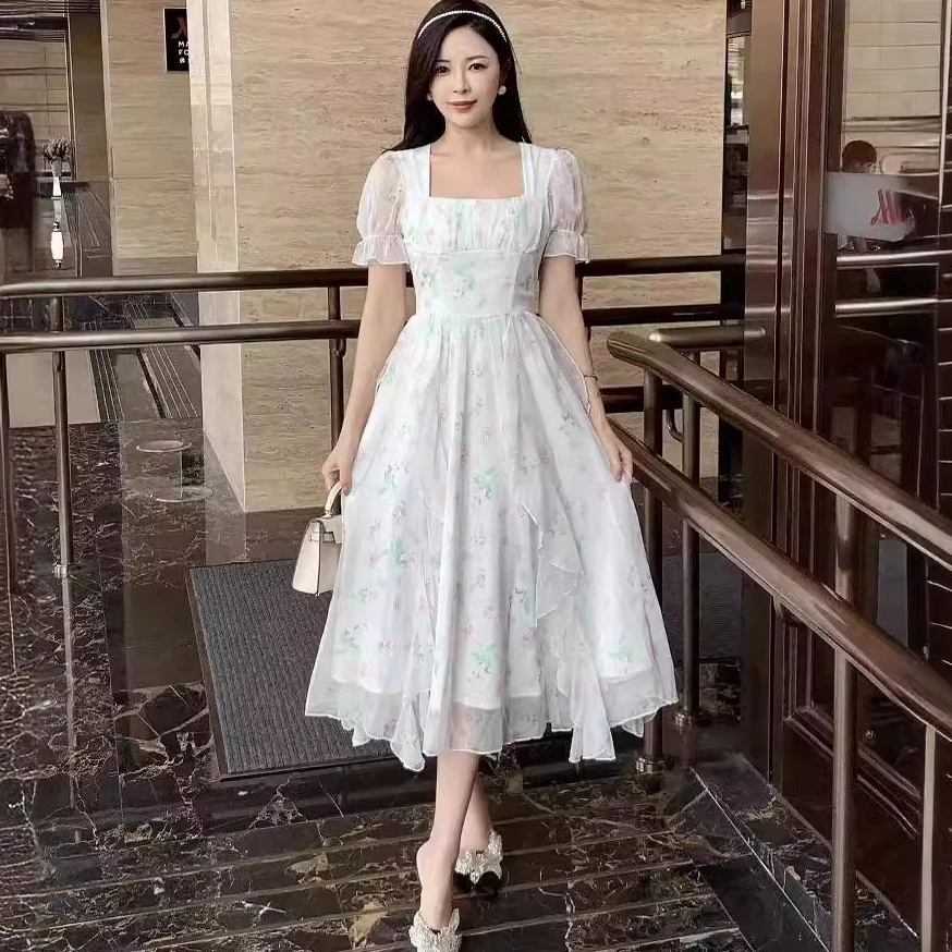 

Summer 2024 Boho Square Neck Floral Women Dress Seaside Beach Ruffled Chiffon Holiday Dress Vestidos Para Mujer