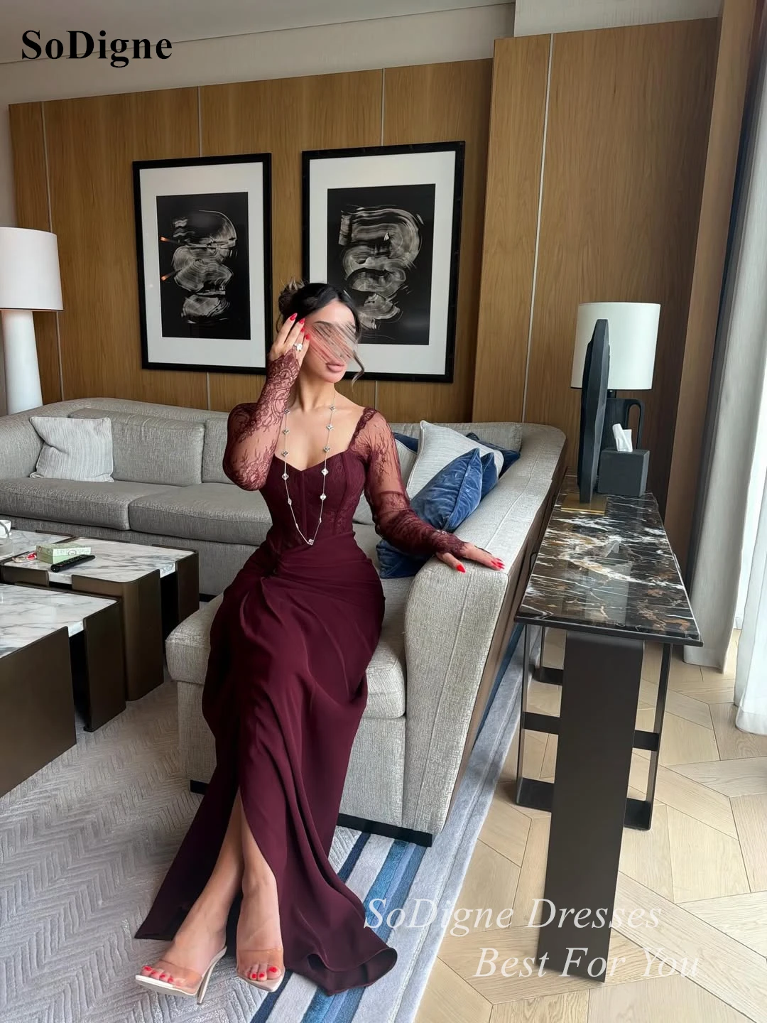 SoDigne Sexy Lace Patchwork Chiffon Evening Dresses Full Sleeves Sheath Prom Dress Pleated High Slit Party Gowns 2026 Customized 2