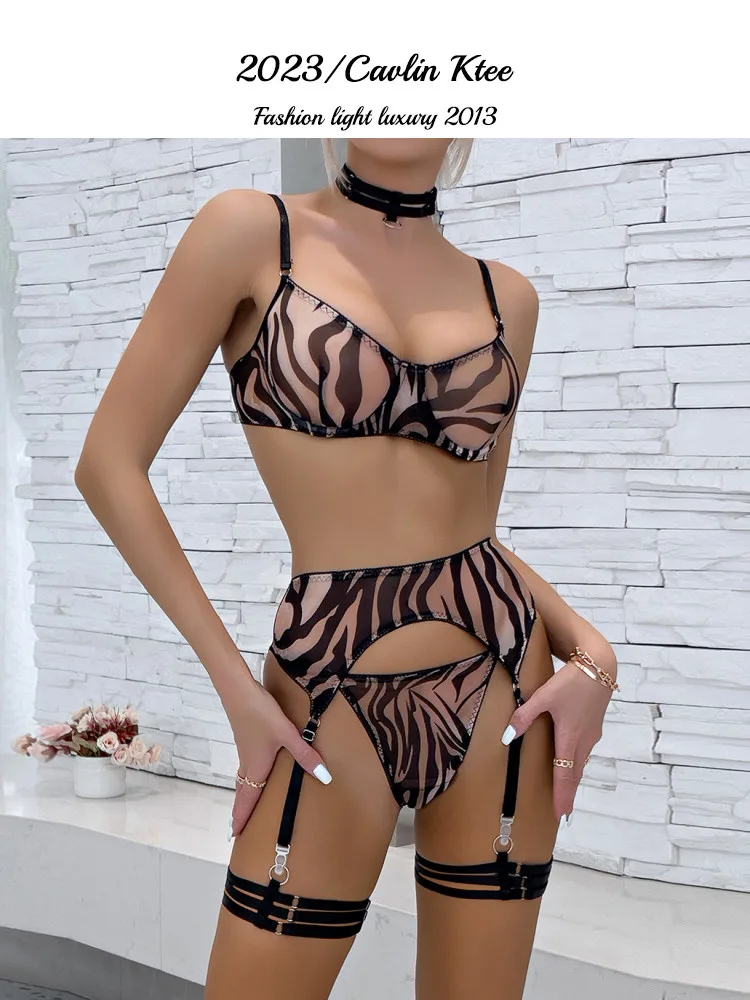 

Cavlin Ktee Europe and The United States Hot Sale Erotic Lingerie Mesh See-Through Sexy Zebra Print Wild Comfortable Four-Piece