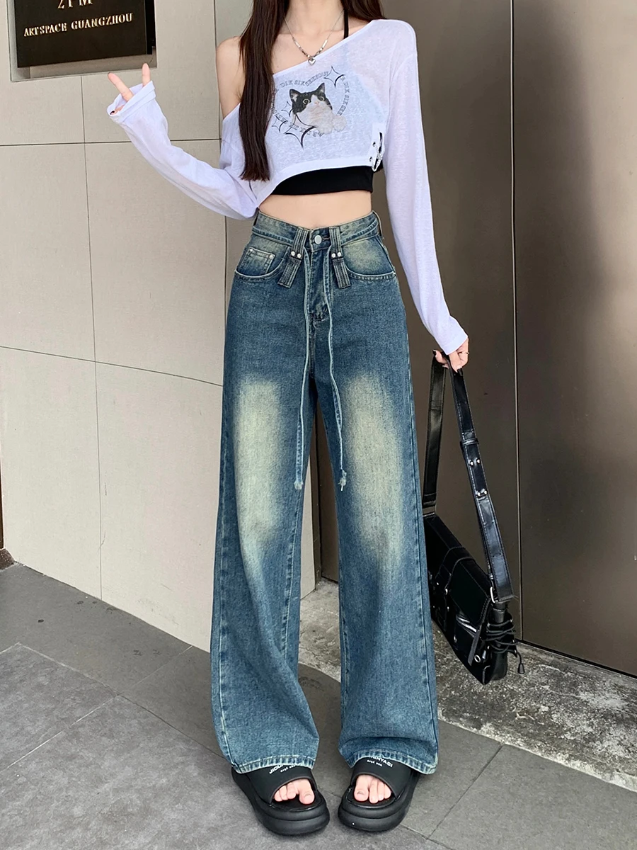 Real time photo of deep blue retro high waisted straight leg jeans for women in the autumn of 2023, new draped wide leg mop pant real time 2023 autumn winter jeans women s retro blue pants casual new straight tube washed old drawstring loose wide legs