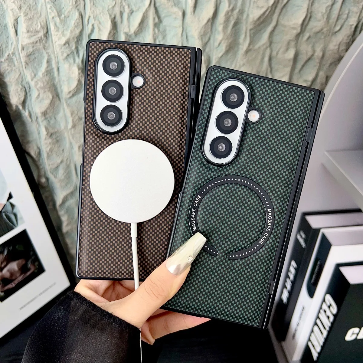 Carbon Fiber Magnetic Phone Case with Magsafe Wireless Charging and Hinge Protection