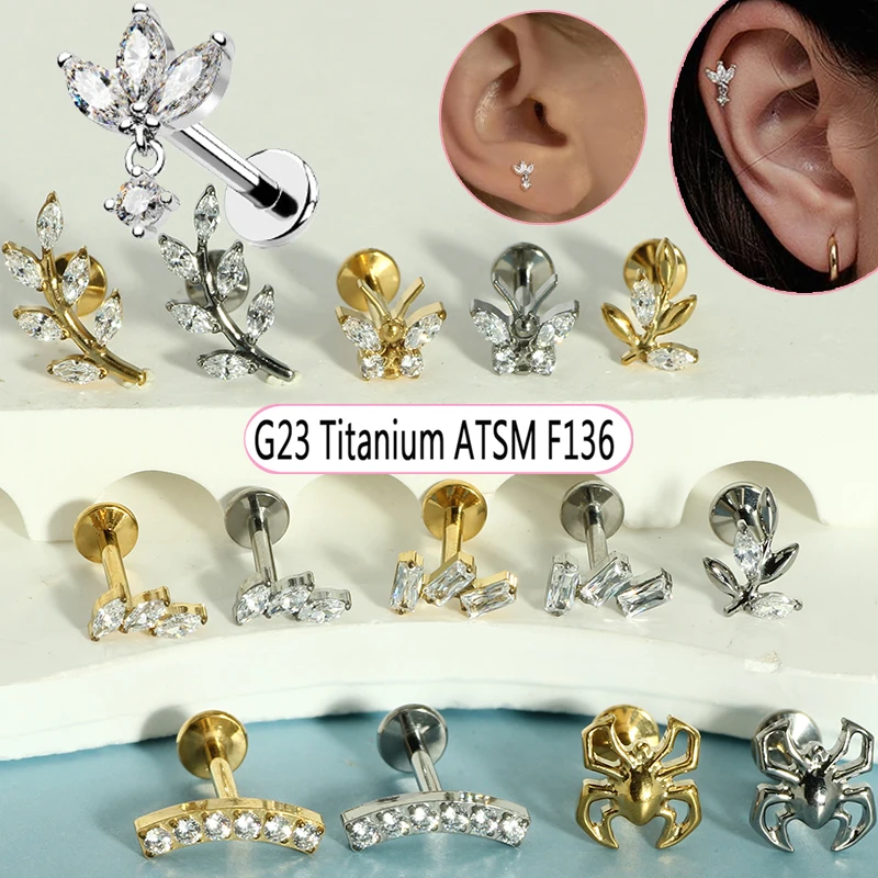 1pcs ASTM-F136 Titanium Piercing Titanio Tragus Helix Daith Lobe Flat Back Earrings Labret Daith Lip Stud Body Piercing Jewelry