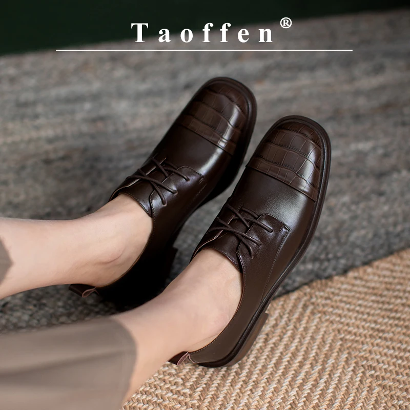 

Taoffen Casual Loafers For Women Genuine Leather Stone Pattern Round Toe Pumps Square Heel Anti-slip Thick Sole Lace-up Shoes