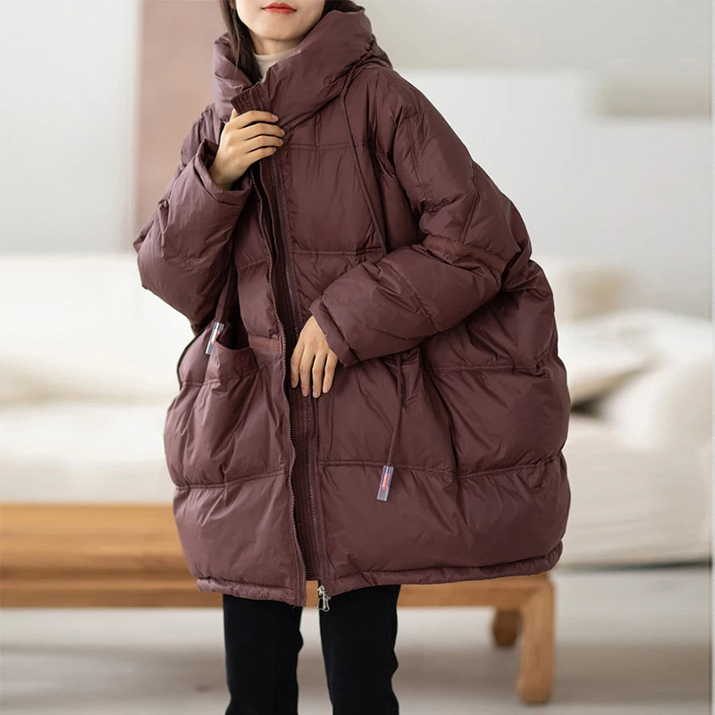 Lagabogy 2024 New Winter Women 90% White Duck Down Jacket Casual Loose Over Size Warm Parka Female Drawstring Hooded Puffer Coat 2