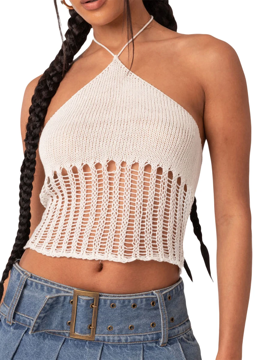 

Retro Women Solid Color Tank Tops Hollow Out Knit Camis Tie Up Halter Neck Sleeveless Backless Vests Summer New Slim Fit Shirts