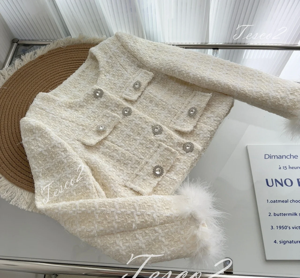 Tesco White Women Skirt Sets Short Blazer And Skirt With Feather Chic Tweed Women Suit Sets For Party For Women 2024 Spring