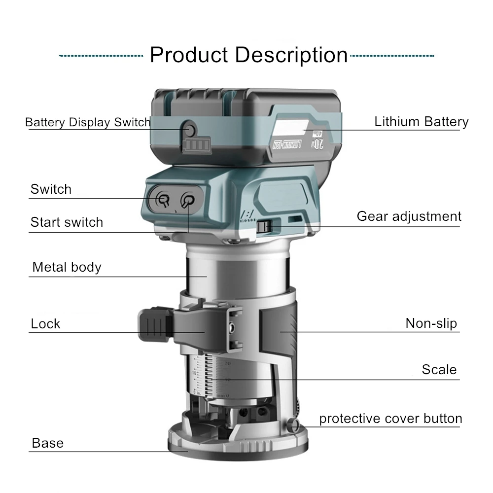 1800W Cordless Brushless Electric Trimmer Woodworking Engraving Slotting Hand Trimmer Wood Router Trimmer for Makita 18V Battery