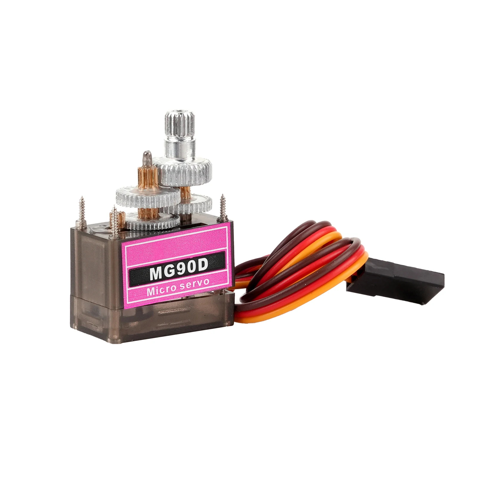 Servomoteur numérique micro MG90D 9g avec engrenages métal, vue arrière montrant les connecteurs et le câblage.