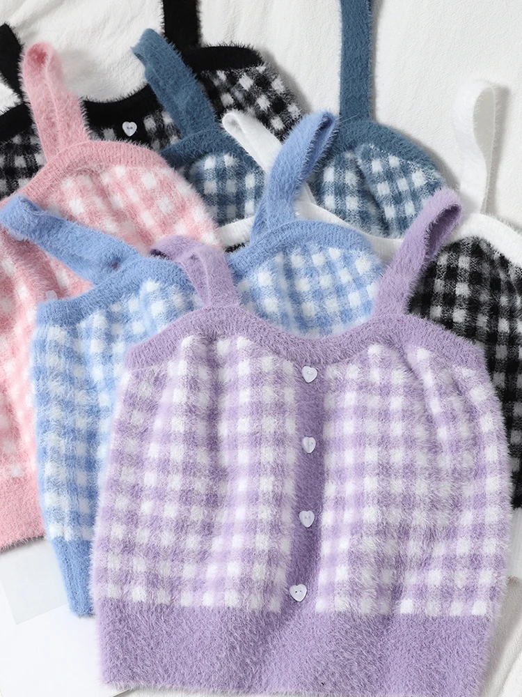 HELIAR Female Plaid Camisole Buttons Crop Tops Knitting Sweet Tank Tops Ladies Sleeveless Solid Crop Tops Women 2022 Summer 