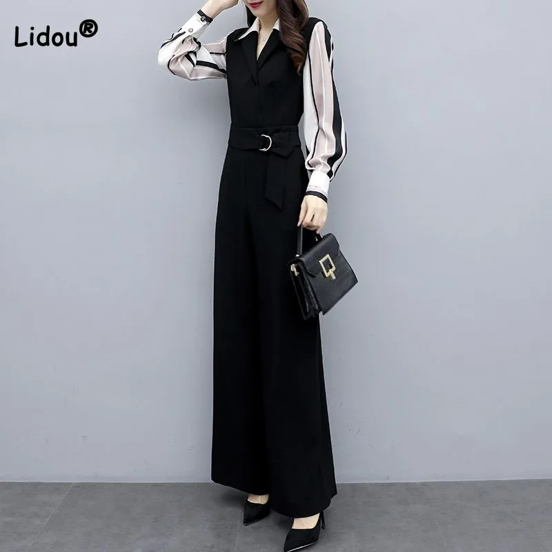 Office Lady Casual High Waist Wide Leg Pants Set Spring Autumn Korean Fashion Fake Two Pieces Spliced Jumpsuits Women's Clothing