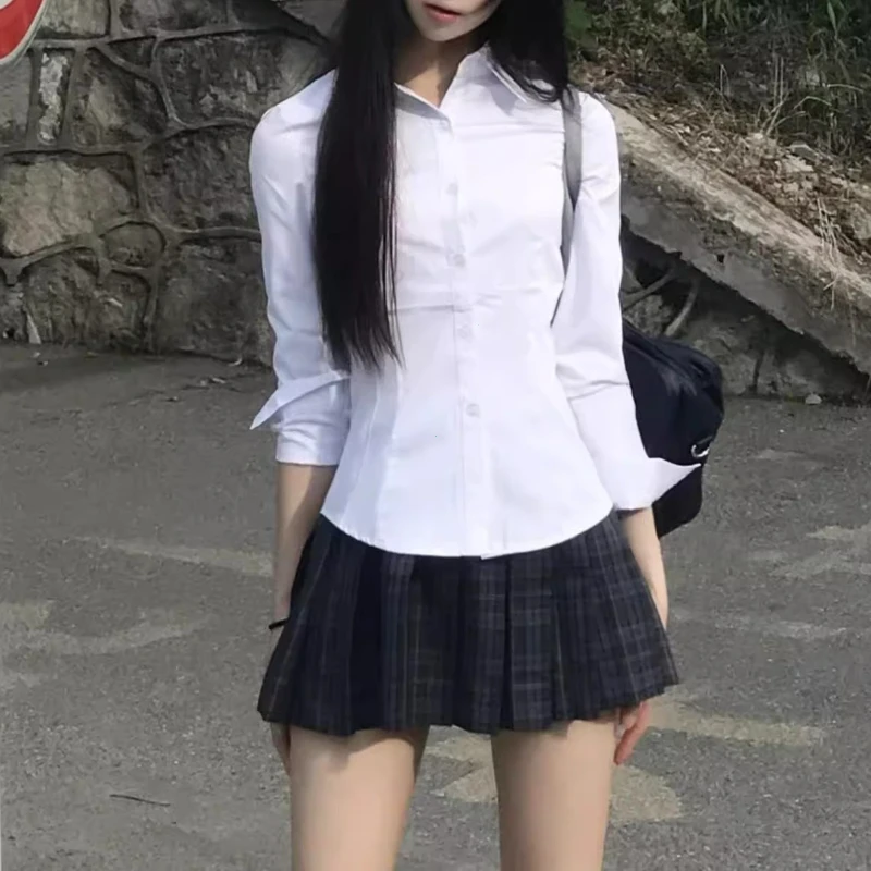 Harajuku Y2K Slim Fit White Shirt Women 2025 Waist Slimming Long Sleeve Jk Shirts Woman All Match Turn Down Collar Chic Blouse 3