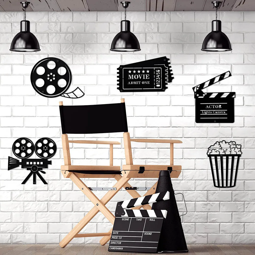

5 Pieces Set Movie Theater Signs Black Cutout Metal Wall Art Cinema Popcorn Film Game Room Theme Party Farmhouse Decoration