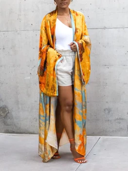 Women's Kaftan Robe Ethnic Style Printed Cardigan Kimono Outer Wear Simulated Silk Printed Fashion Casual Poncho Plus Size Dress 1