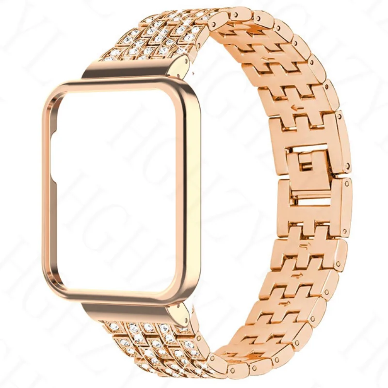 Luxurious Bling Diamond Metal Watchband with Case Protector and Bracelet - Elegant Watch Cover Bumper Frame