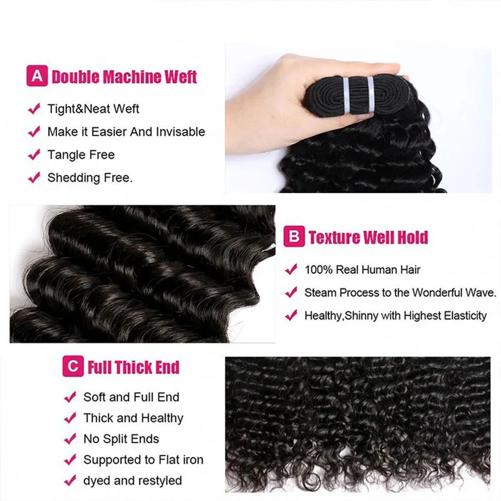 PerisModa Deep Wave Bundles 100% Human Hair Brazilian Weaving Virgin Human Hair Natural Hair Extensions Curly Human Hair Bundles 3