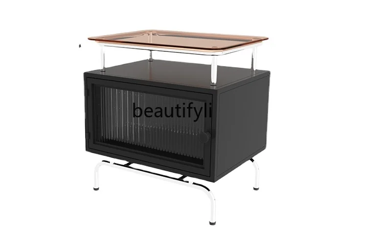 

French Entry Lux High-Grade Simple Glass Bedside Table Household Bedroom Creative Bedside Iron Storage Cabinet furniture