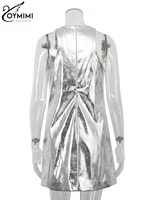 Oymimi Sexy Slim Sliver Pu Leather Dress Ladies Bodycon O-Neck Sleeveless Dress Elegant Classicc Party Dresses For Women 2023 - Image 6