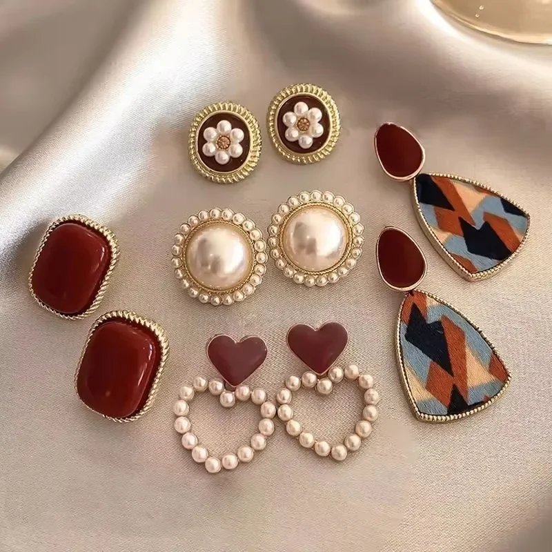 Earrings Vintage Dripping Oil Wine Red Retro Stud Earrings Women Korean Pearl Flower Heart Shape Geometric High Sense Jewelry