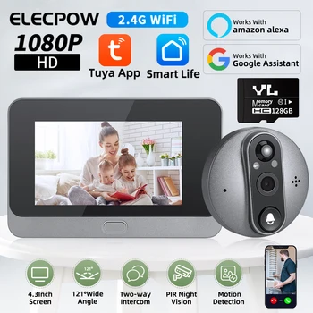 Elecpow 스마트 투야 와이파이 비디오 초인종 눈 구멍 카메라, 4.3 인치 PIR 모션 감지, 알렉사 구글 디지털 문짝 뷰어, 1080P