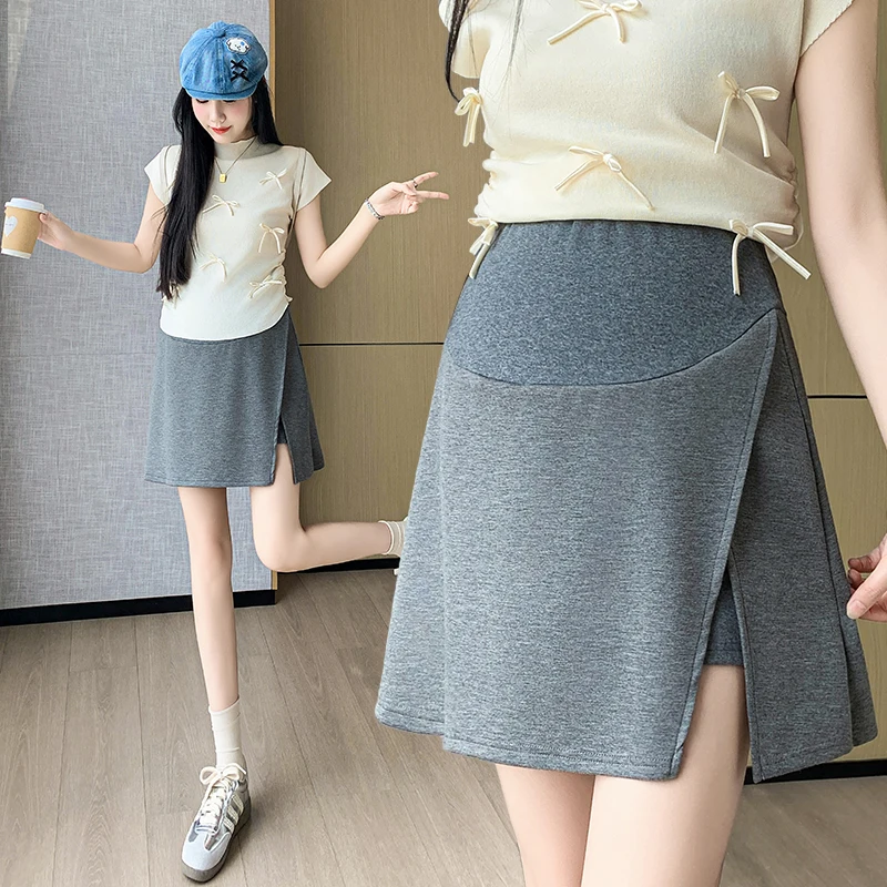 Summer Maternity Belly Skirts with Shorts Inside Fashion Solid Color Side Split Pregnant Woman A-line Skirts Slim Hips Skort