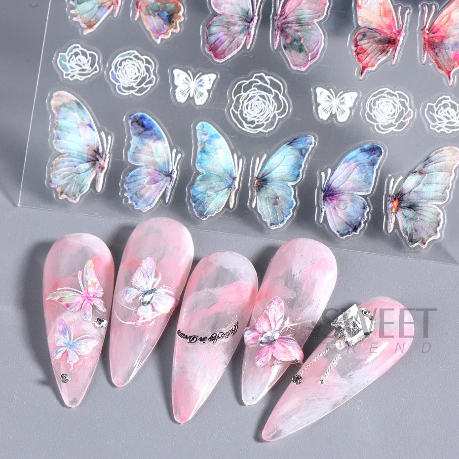 Acrylic Engraved Butterfly Nail Manicure Sticker Holographic Crystal Fairy Rose Flowers Adhesive Decals Charm Spring Foils Wraps