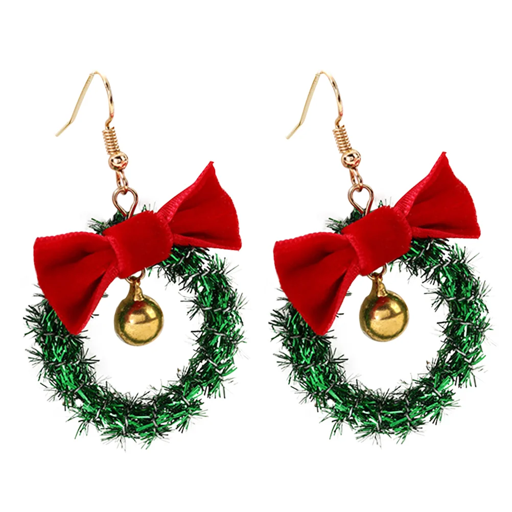 

Christmas Garland Bell Earrings with Red Bow Xmas Decoration Hanging Wreath Earrings