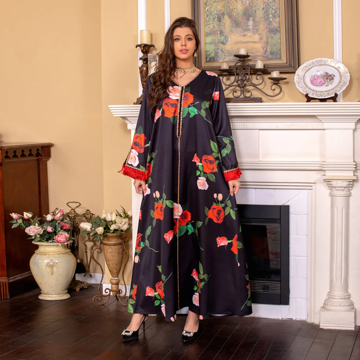 

Women's 2023 Fashion Robe Dress Long Sleeve V-Neck Printed Large Swing Long Dress Women's Dress