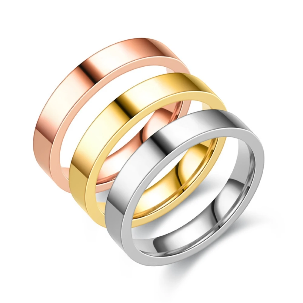 Stainless Steel Glossy Flat Couples Rings - Rose Gold & Silver Plated Finger Jewelry