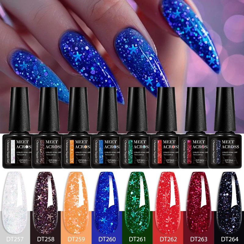 MEET ACROSS 7ml Blue Green Snowflake Sparkly Gel Nail Polish Glitter Sequins Nail Art Painting UV Gel For Manicure Vernis Design