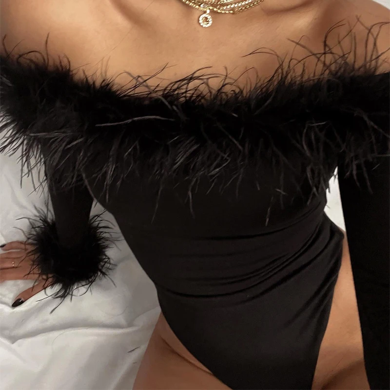 

Birthday Party Y2K Clothes Elegant Sexy Bodycon Bodysuit 2023 Fall Winter Feather Slash Neck Long Sleeve Solid Women