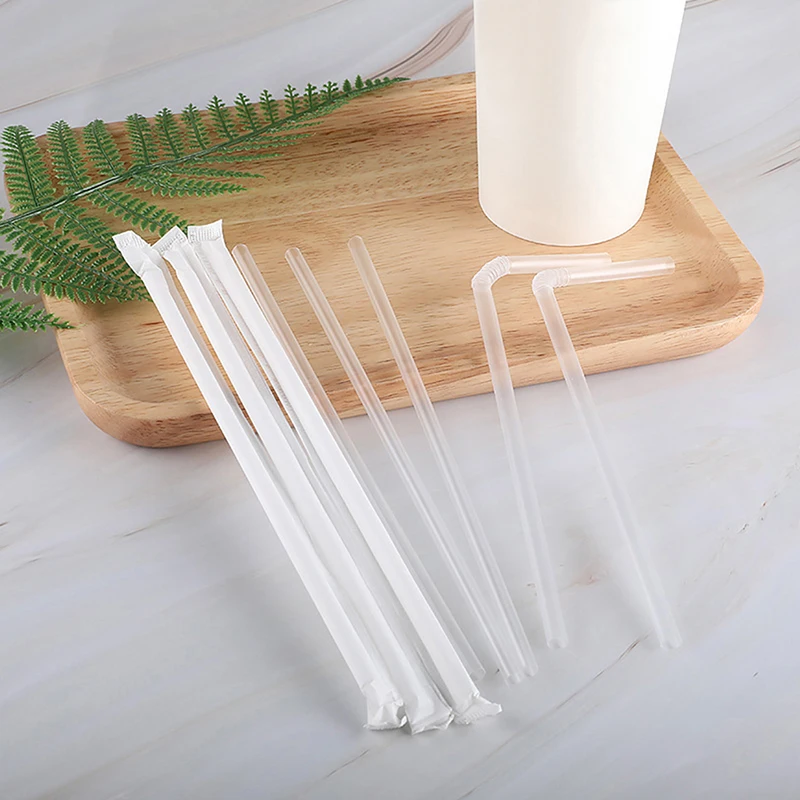 100Pc 20.5cm Individual Packaging Disposable Plastic Curved Drink Straw Wedding Party Bar Drink Birthday Reusable Beverage Straw