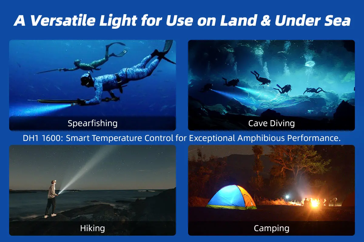XTAR DH1 1600 Flashlight LED Dive Torch High Lumen Spearfishing Flashlight Single Switch Cave Camping Search Portable Spotlight
