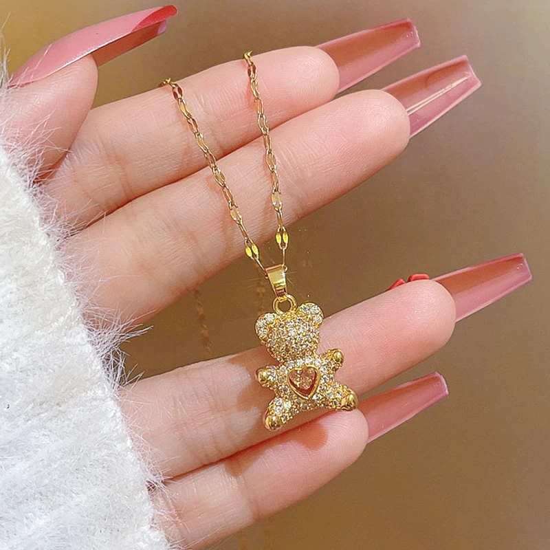 Golden Cute Bear Pendant Necklaces for Women Stainless Steel clavicle Link  Chain female Jewelry - AliExpress