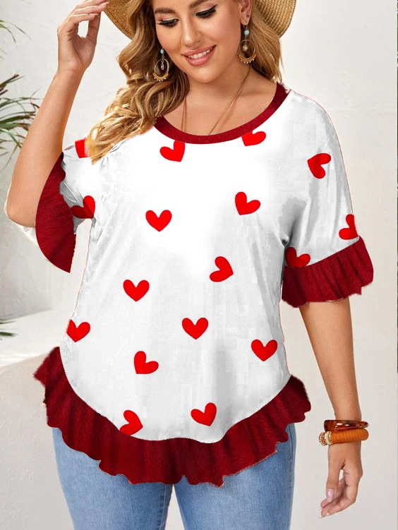 

Plus Size Heart Print Casual Top Crew Neck Top Women's ClothingNyfairy