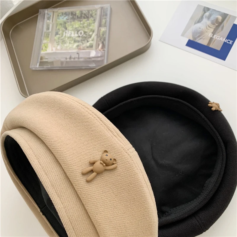 Hot Sale Korean Style Elegant Winter Cute Bear Solid Beret Woolen Painter Hat Berets Caps_voghion.com
