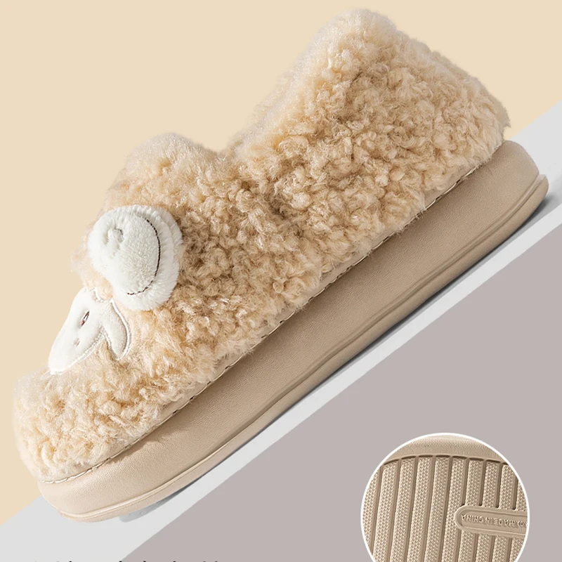Cute Cartoon Lamb Cotton Slippers Women Indoor Warm Thicken Plush Home Slippers Woman Comfortable Non Slip Fluffy Slides Female