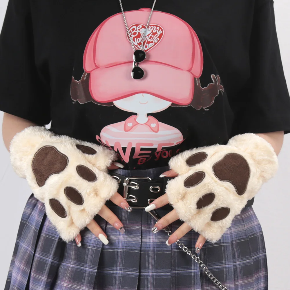 1 Pair Women Cartoon Cat Claw Gloves Thicken Fingerless Soft Plush Warm Cute Bear Paw Fingers Winter Kawaii Half Finger Mittens - Image 3