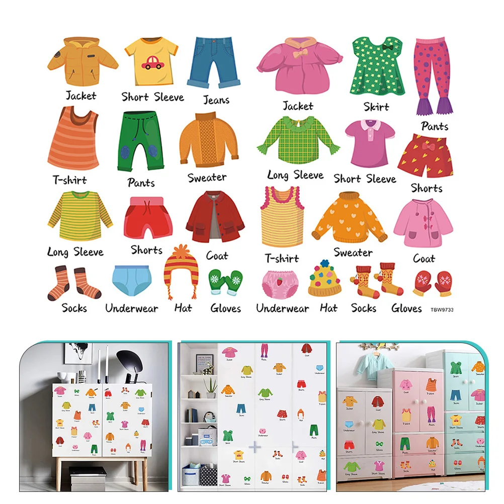 kids dresser clothing decals set: wood dresser clothes classification labels stickers for boys learning wardrobe drawer