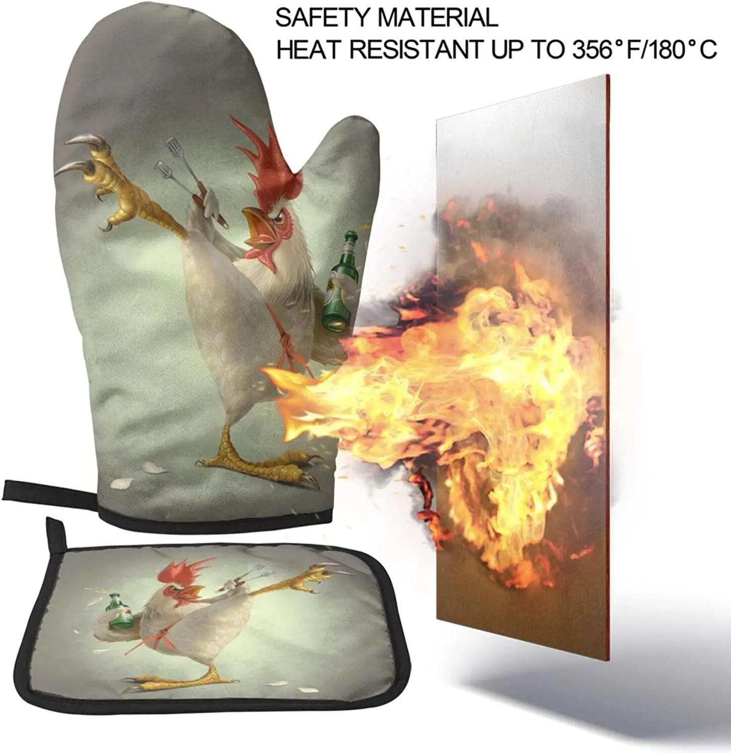 Funny Chicken Oven Mitts and Pot Holders Sets Heat Resistant Kitchen Non-Slip Printed Grip Oven Gloves for Microwave BBQ Cooking