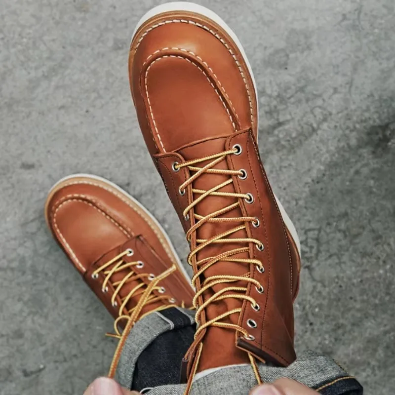 Handmade High Top Shoes Mens Vintage Round Toe Genuine Leather Casual Mid Calf Boots Spring Autumn Thick Platform Cowhide Boots