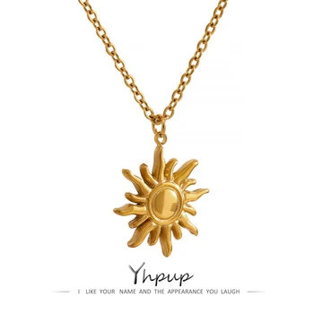 Yhpup Stainless Steel Golden Casting Sun Pendant Necklace  Waterproof Simple Fashion Metal Texture Trendy Jewelry for Woman