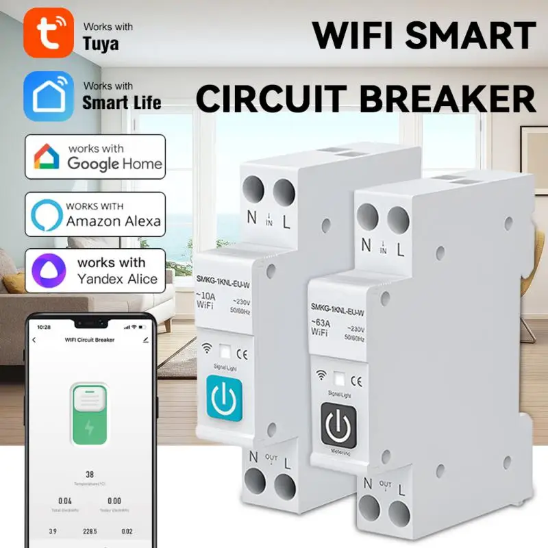 

1P 1-63A TUYA WIFI Smart Circuit Breaker Power Metering DIN Rail Smart Home APP Remote Control Switch With Alexa Google Alice