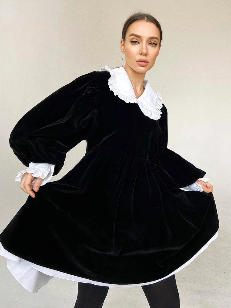 

Bornladies Winter Velvet Women'S Dresses Fashion Doll Collar Lantern Sleeve Mini Dress Elegant Loose Patchwork Female Dress