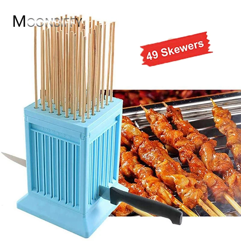 BBQ Meat String Machine Barbecue 49 Holes Skewer Tools Tofu Skewer Kebab Maker Box Machine Grill Barbecue Kitchen Accessories