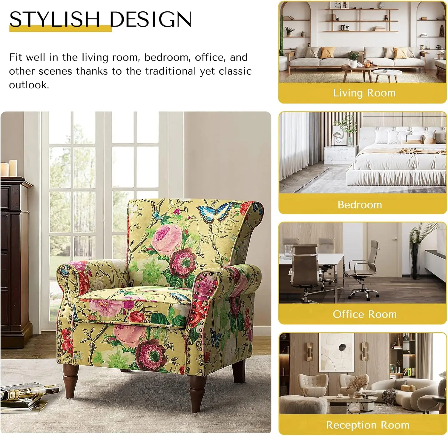 Description Picture 6 of itemModern Wingback Accent Chair with Wood Legs & Removable Cushion, Comfy Upholstered Armchair with Nailhead Trim, Floral Pattern