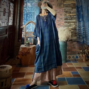 Oversized Women Casual Linen Dress New Arrival 2026 Summer Vintage Style V-neck Plaid Pattern Loose Female Long Dresses M2643 1