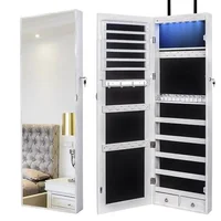 LED Lighted Wall-Mounted Jewelry Armoire Cabinet Organizer with Full-Length Mirror White Wood Storage Solution 1