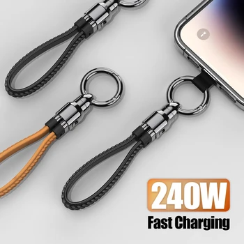 Cavo caricabatterie rapido da 240 W Ciondoli per telefono Portachiavi in pelle Caricatore portatile da viaggio da tipo C a C per iPhone 16/15 Xiaomi 13